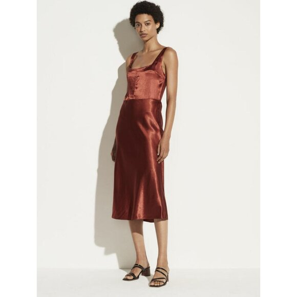 Vince Dresses & Skirts - NWT Vince Sangre Square neck Fitted Satin Slip Elegant Midi Dress Size 2